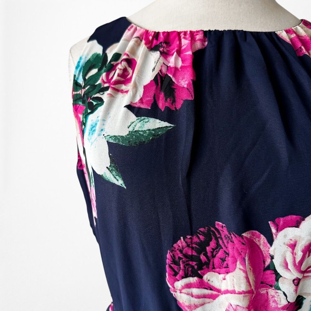 Vintage Y2K Sleeveless Navy Blue Pink Floral Flared Waist Tie Maxi Dress Size M - Picture 5 of 8